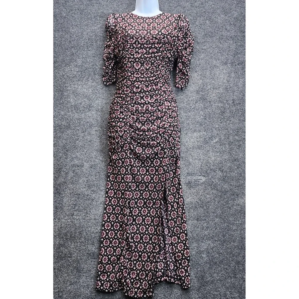 Free People Briella Women Boho Floral Mesh Ruched Puff Sleeve Maxi Dress M Y2K